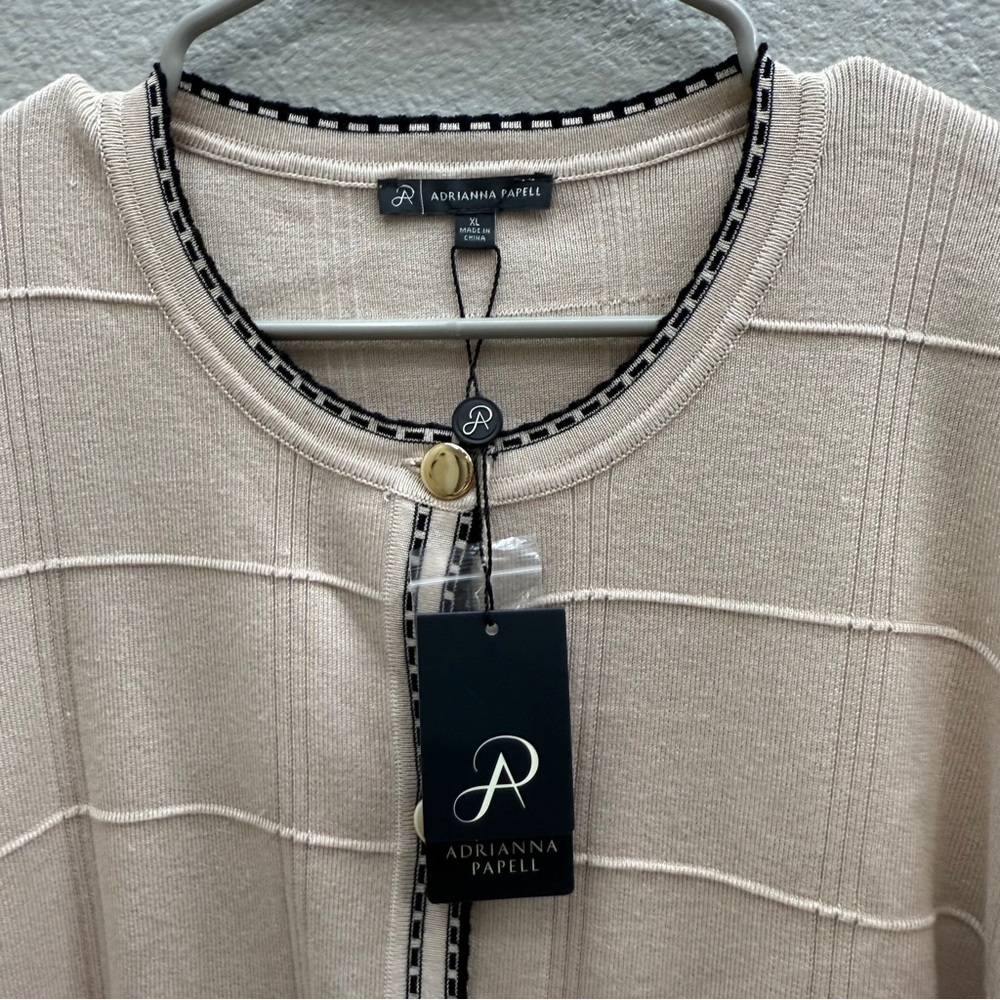 New Adrianna Papell Tan Cardigan Size XL Button Up Black Trim - Picture 6 of 7